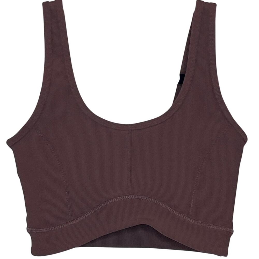 Brown Ribbed Sports Bra Minimal Athleisure Workout Yoga XS